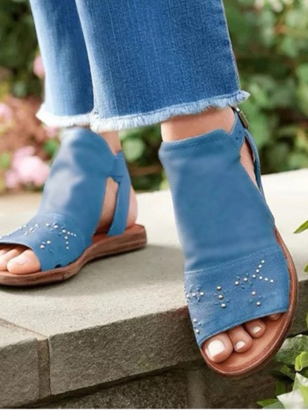 Miz Mooz Sky Blue Suede Studded Open-Toe Sandals with Ankle Buckle